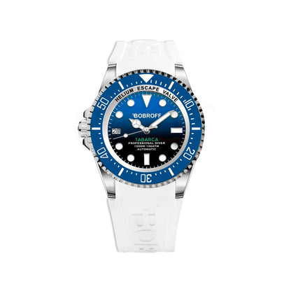 Bobroff White Rubber Sport Watch with blue dial, stainless steel case, sapphire glass, and white rubber strap, Tabarca collection 100ATM water-resistant