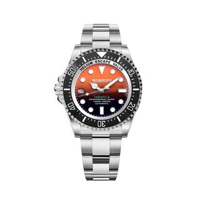 Bobroff Silver Stainless Steel Sport Watch with orange dial, sapphire glass, automatic mechanism, and 100ATM water resistance.