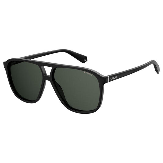 Polaroid unisex black plastic sunglasses with grey polarized lenses, retro design, PLD6097S model with double bridge, 58/12/140mm size.