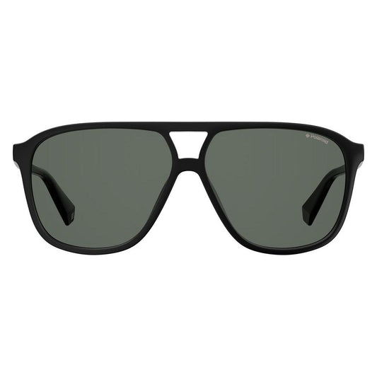 Polaroid black plastic unisex sunglasses with gray polarized lenses, featuring a retro design with a double bridge, model PLD6097S.