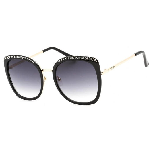 Guess Black Metal Sunglasses for women, model GF0381-01B, features grey gradient lenses with a 56/20/140 mm frame.