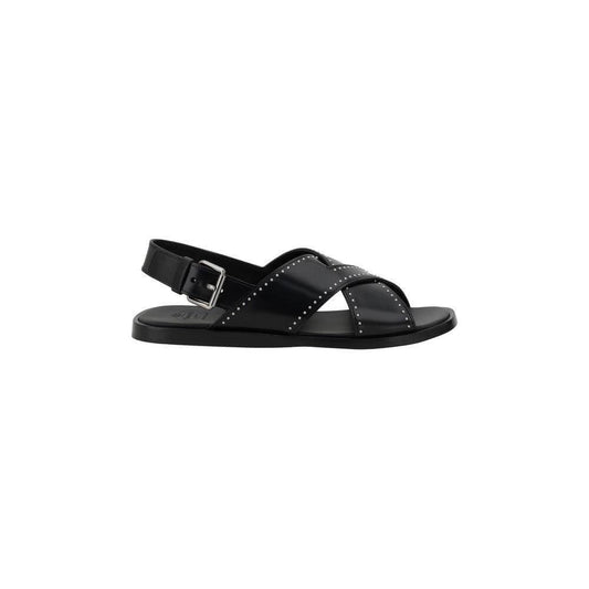 Church's black leather Oksana sandals with buckled ankle strap and crisscross front, featuring contrasting embellishments and flat sole.