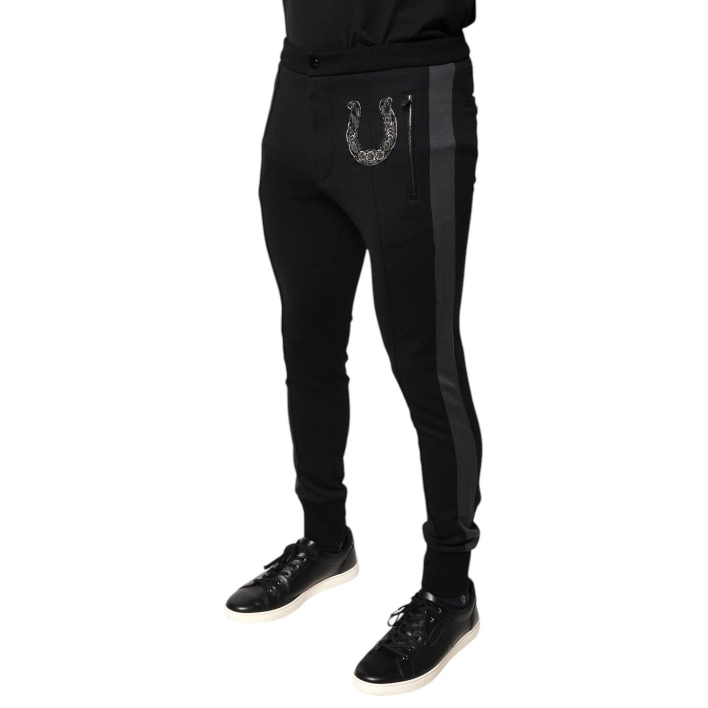 Dolce & Gabbana Black Horseshoe Embellished Wool Slim Fit Pants