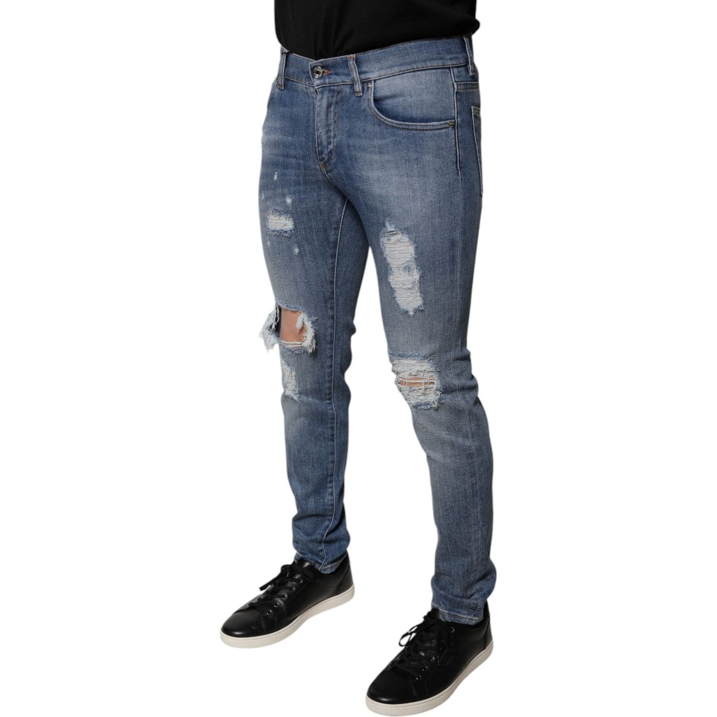 Dolce & Gabbana Blue Tattered Cotton Stretch Skinny Denim Jeans