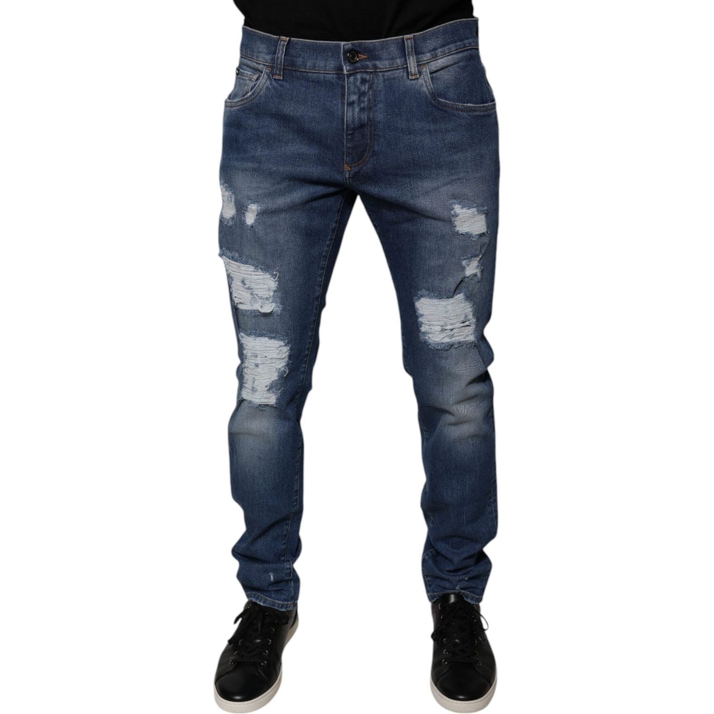 Dolce & Gabbana Blue Cotton Tattered Skinny Denim Jeans