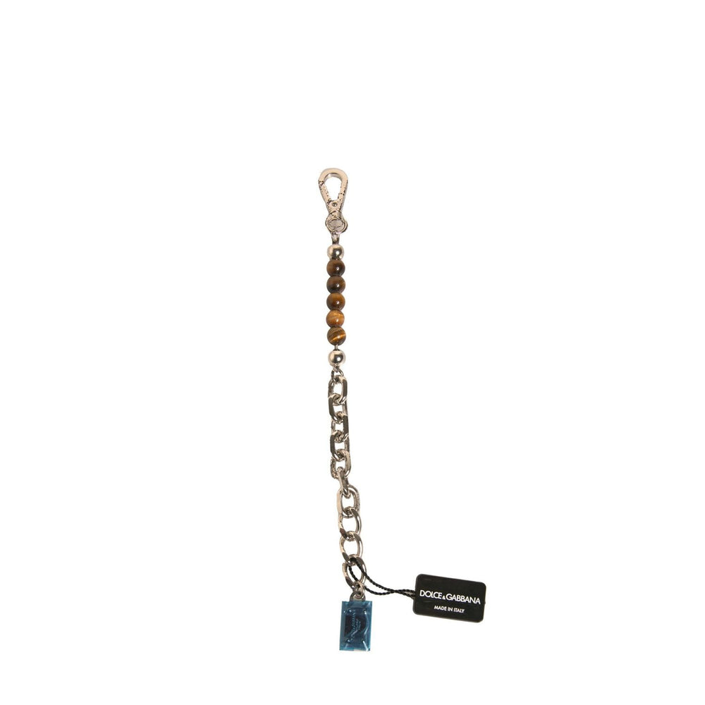Dolce & Gabbana Silver Brass Chain Beaded Logo Plaque Keychain Keyring SMY10575