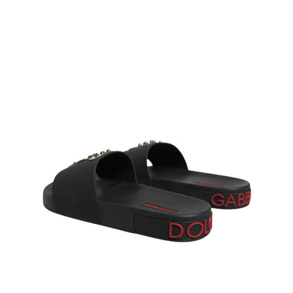 Dolce & Gabbana Black Leather Slides Sandals Beachwear Shoes