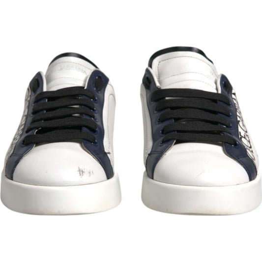 Dolce & Gabbana white blue leather crown sneakers with laces and rubber sole, front view, showing signs of wear, made in Italy.