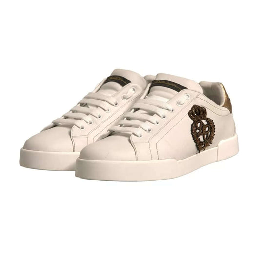 Dolce & Gabbana white crown patch Portofino sneakers with gold-tone leather crest on heel and lace-up front, made of calfskin.