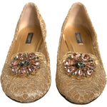 Dolce & Gabbana Gold Crystal Loafer Lace Ballet Flats Shoes LA12367-40