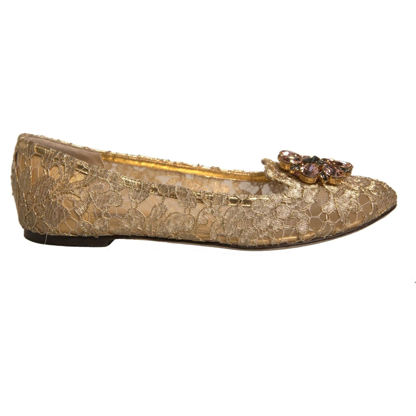 Dolce & Gabbana Gold Crystal Loafer Lace Ballet Flats Shoes LA12367-40