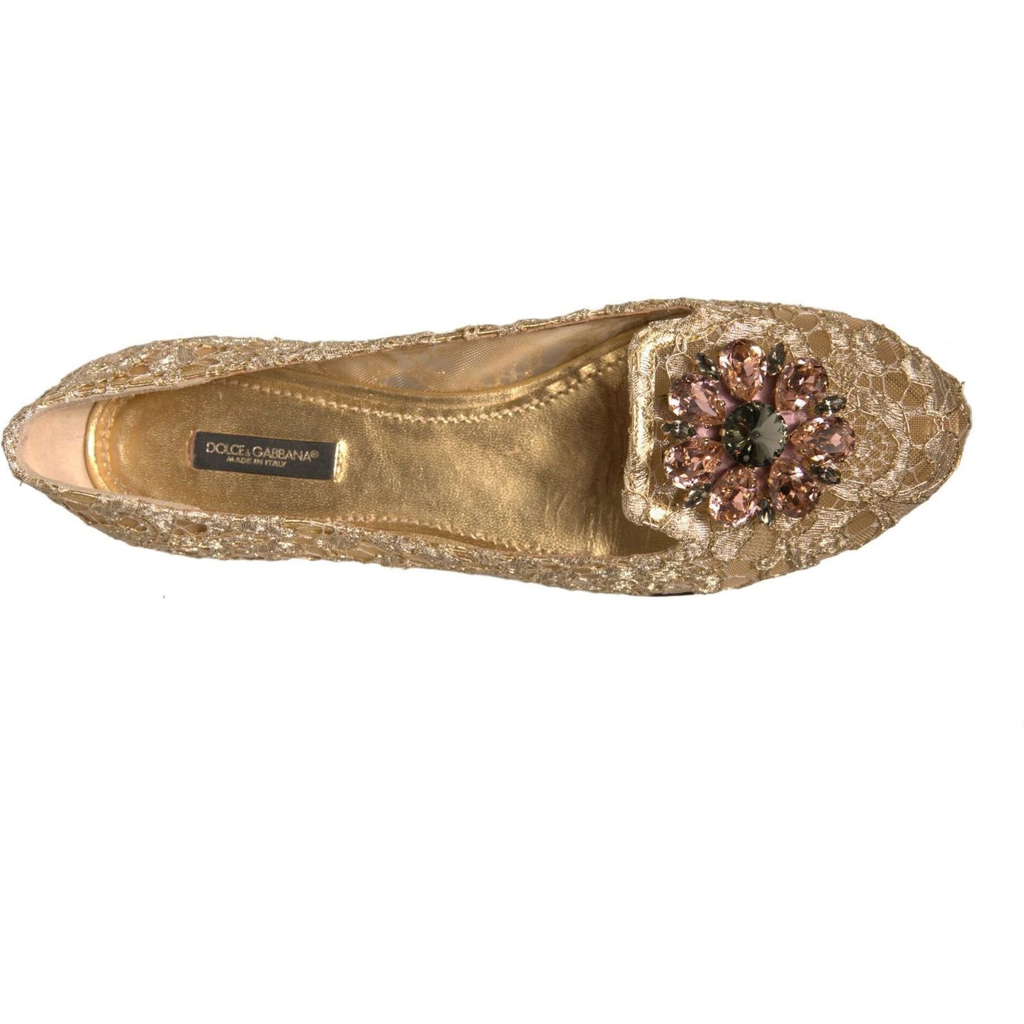 Dolce & Gabbana Gold Crystal Loafer Lace Ballet Flats Shoes LA12367-40