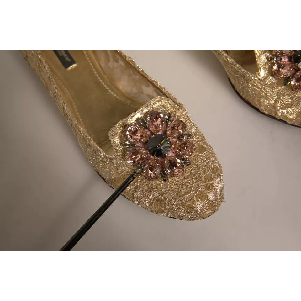 Dolce & Gabbana Gold Crystal Loafer Lace Ballet Flats Shoes LA12367-40