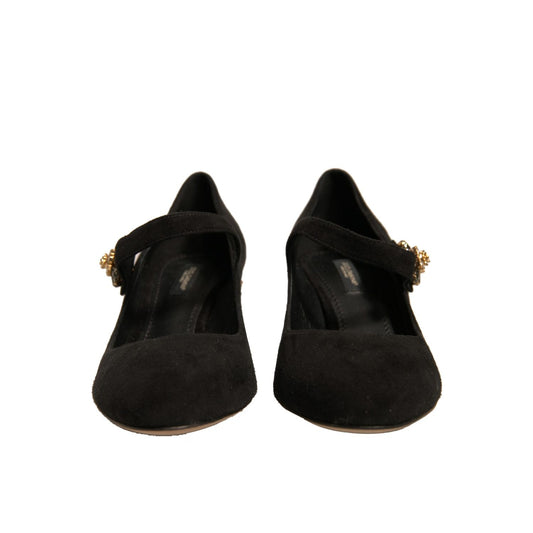 Dolce & Gabbana Black Suede Jewelled Mary Jane Pumps Shoes