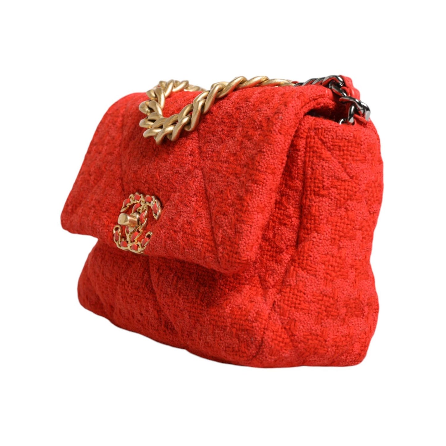 Chanel Red Tweed 2WAY Hand Chain Medium Shoulder Bag Purse