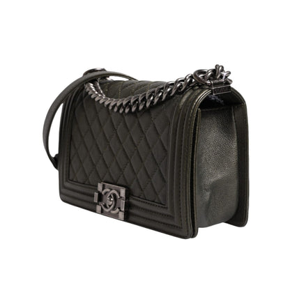 Chanel Dark Green Leather Shoulder Bag Gray Metal Purse Bag