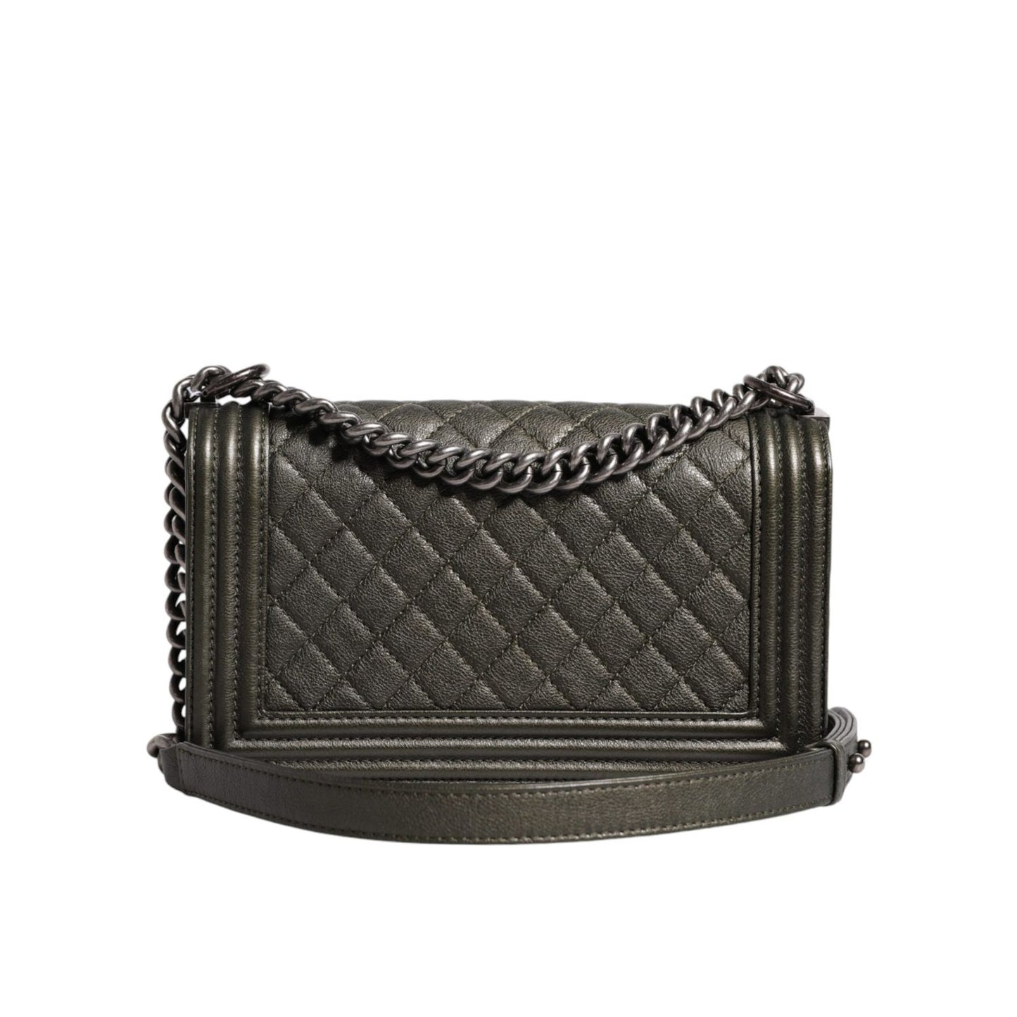 Chanel Dark Green Leather Shoulder Bag Gray Metal Purse Bag