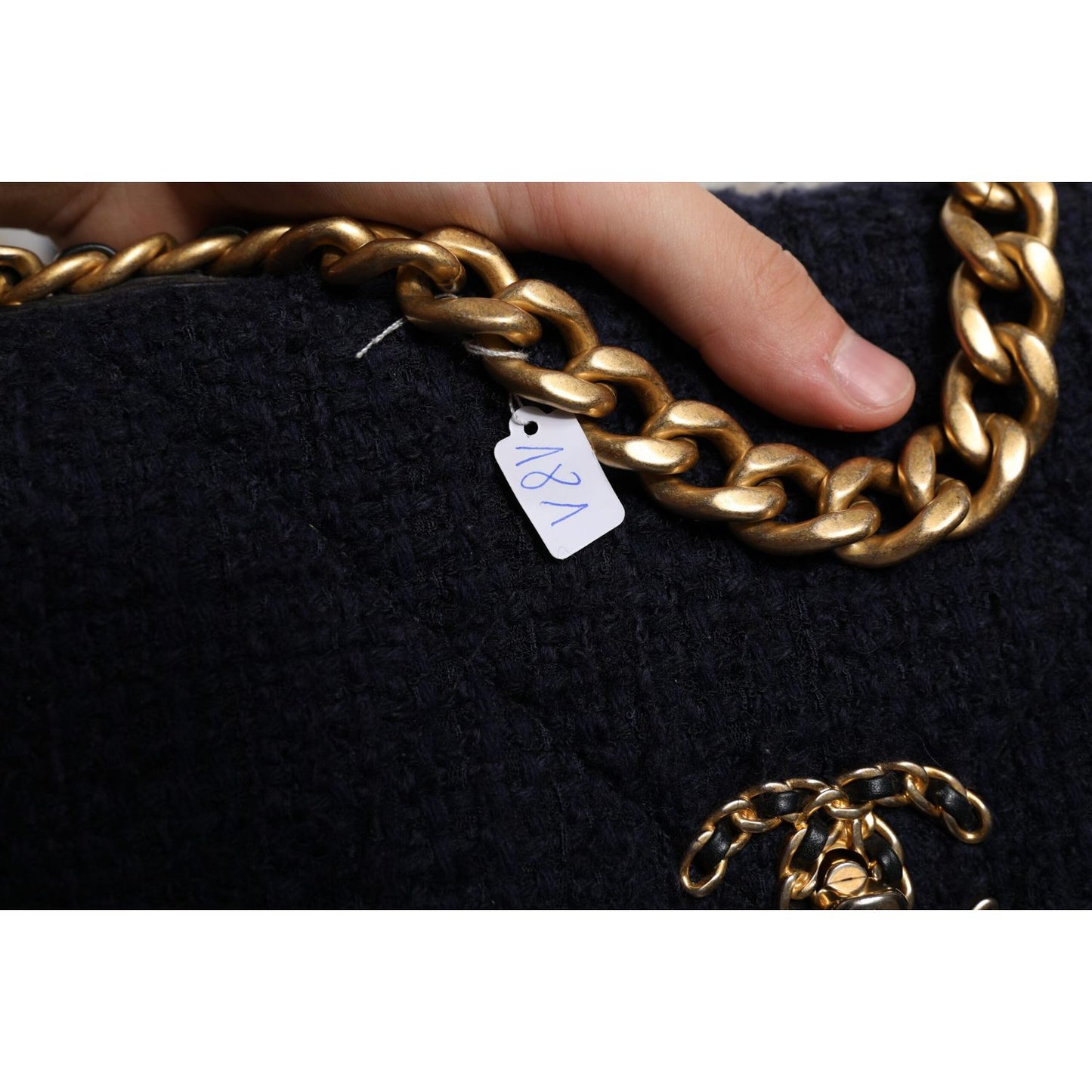 Chanel Dark Blue Medium Flap Tweed CC Gold Gray Chain Shoulder Bag