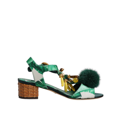Dolce & Gabbana Green Crystal Fur Embellished Sandals Shoes