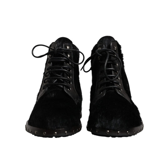 Dolce & Gabbana Black Pony Style Leather Mid Calf Boots Shoes