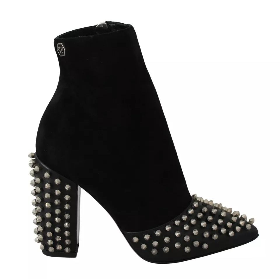 Philipp Plein Black Suede Studded Heels Ankle Boots Shoes