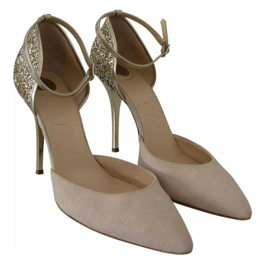 Elisabetta Franchi Beige Linen Ankle Strap High Heels Shoes LA8355-37.5