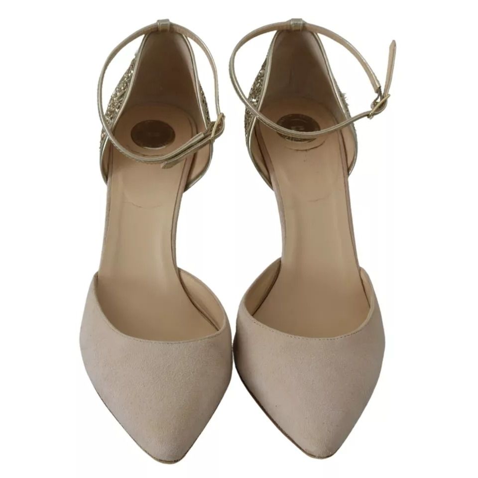 Elisabetta Franchi Beige Linen Ankle Strap High Heels Shoes