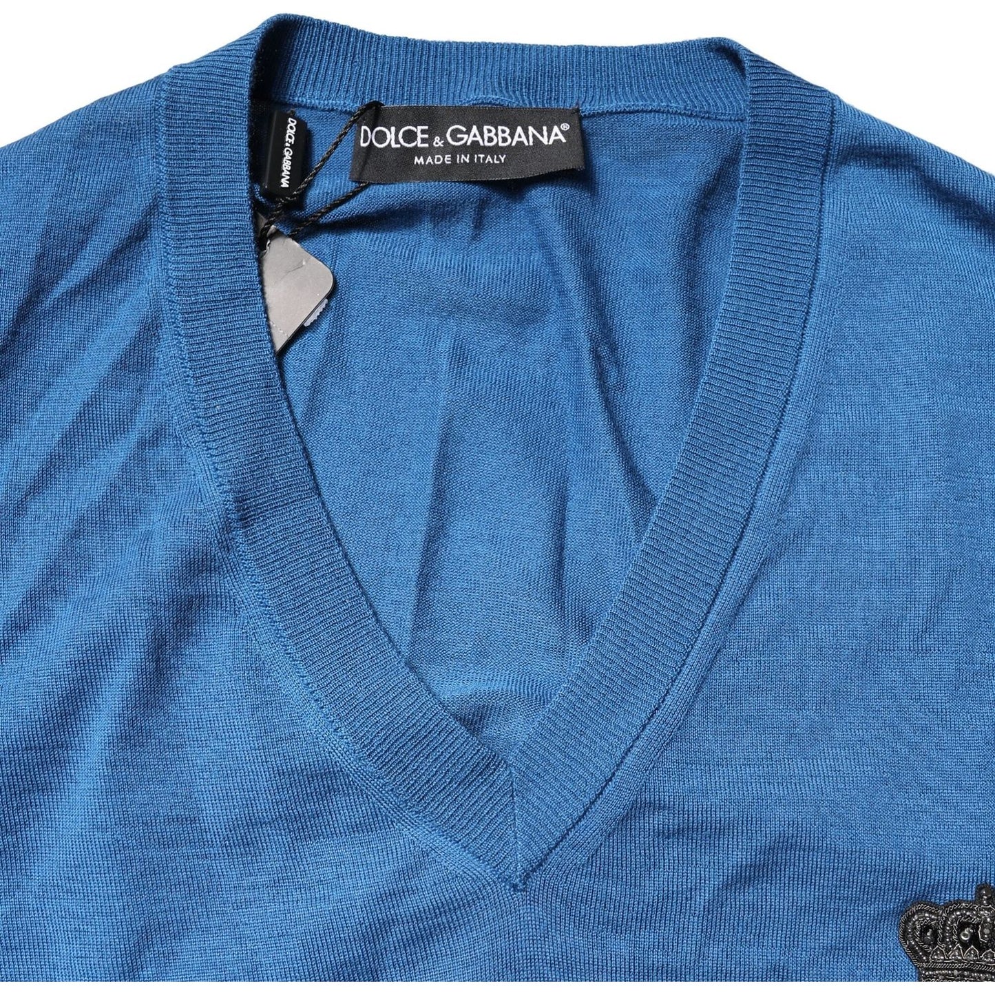 Dolce & Gabbana Blue Cashmere Crown V-neck Pullover Sweater TSH85153-50