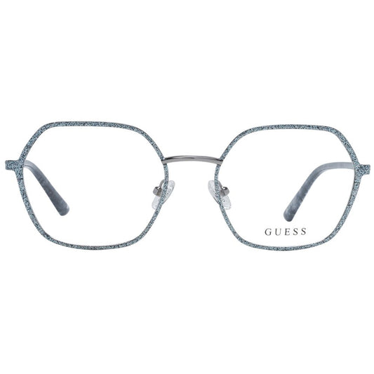 Guess Silver Women Glasses Frame, full-rim metal, square style, size 53-19-140, includes branded case, spring hinge, demo lenses.