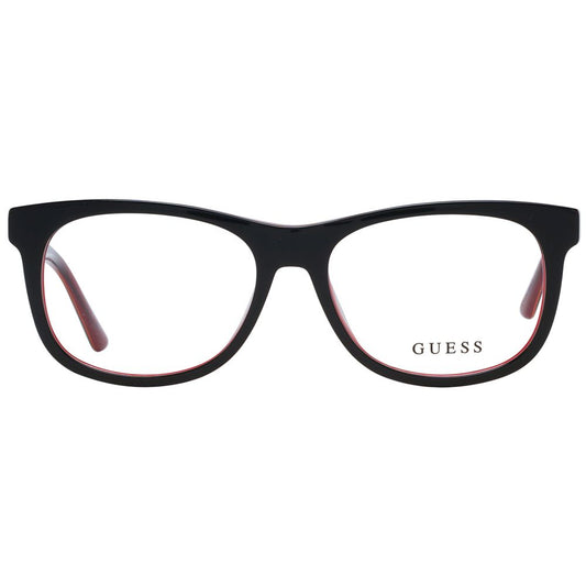 Guess Black Unisex Glasses Frame, full-rim plastic square eyeglasses with demo lenses, size 51-15-140, includes branded case.