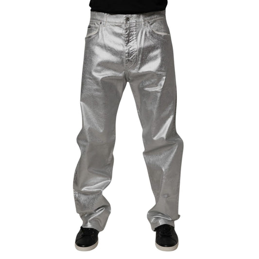 Dolce & Gabbana Metallic Silver Cotton Straight Denim Jeans