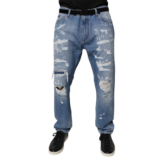 Dolce & Gabbana Blue Tattered Straight Cotton Denim Jeans