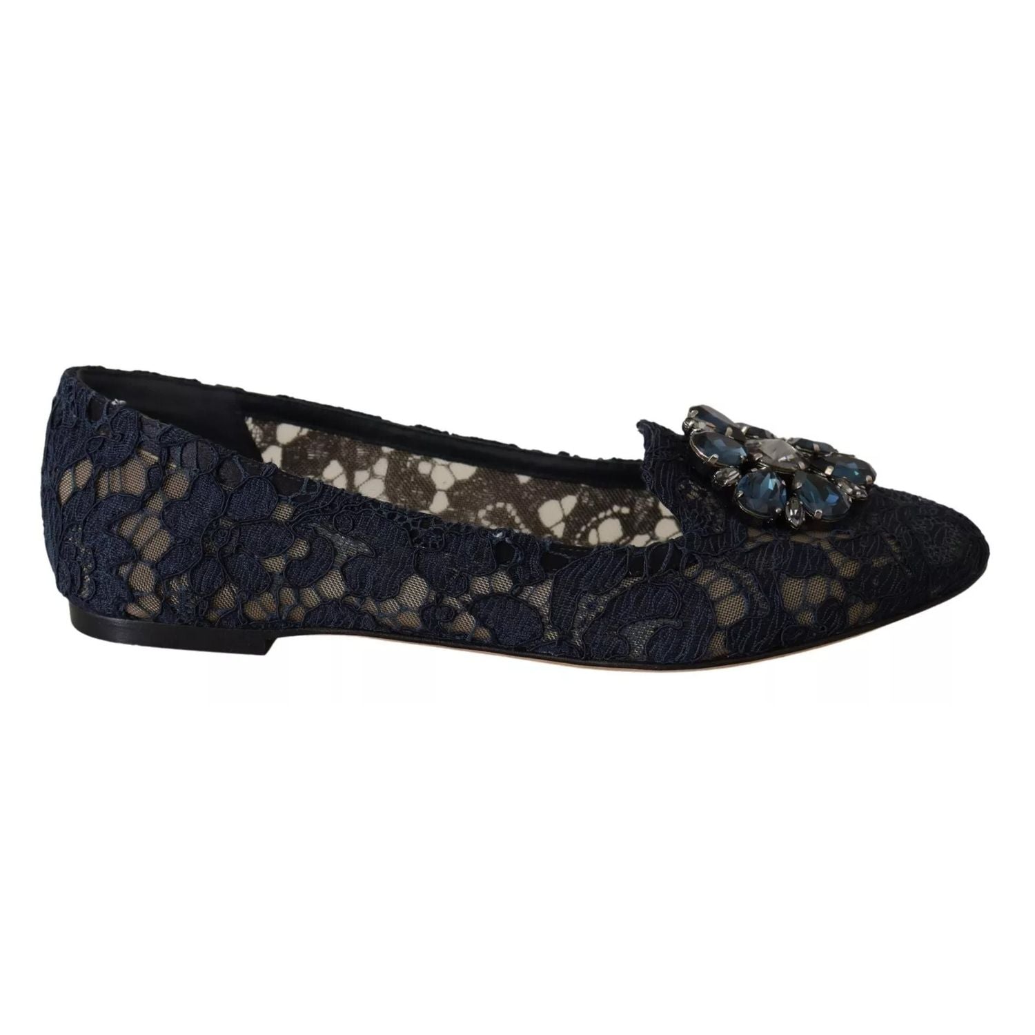 Dolce & Gabbana Blue Crystal Loafer Lace Ballet Flats Shoes