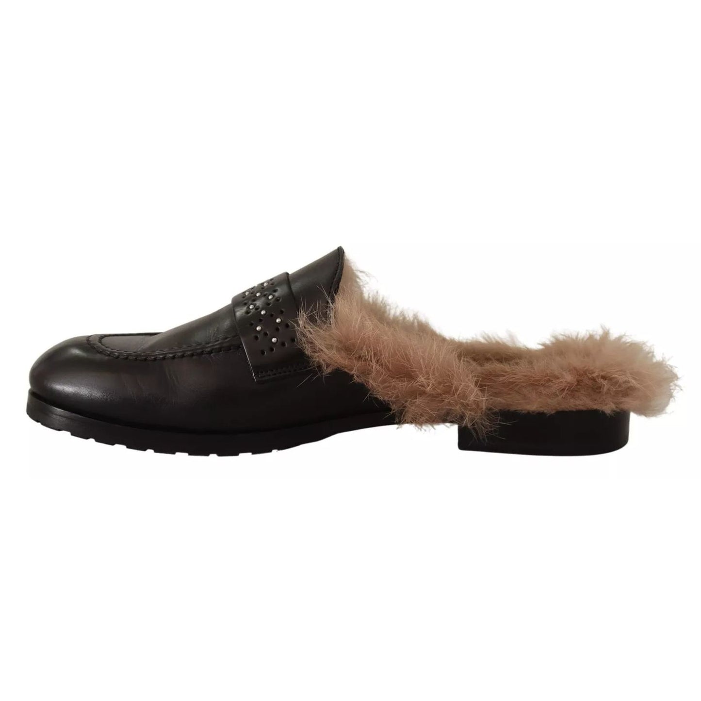 Peserico Black Leather Fur Perforated Slip On Flats Shoes