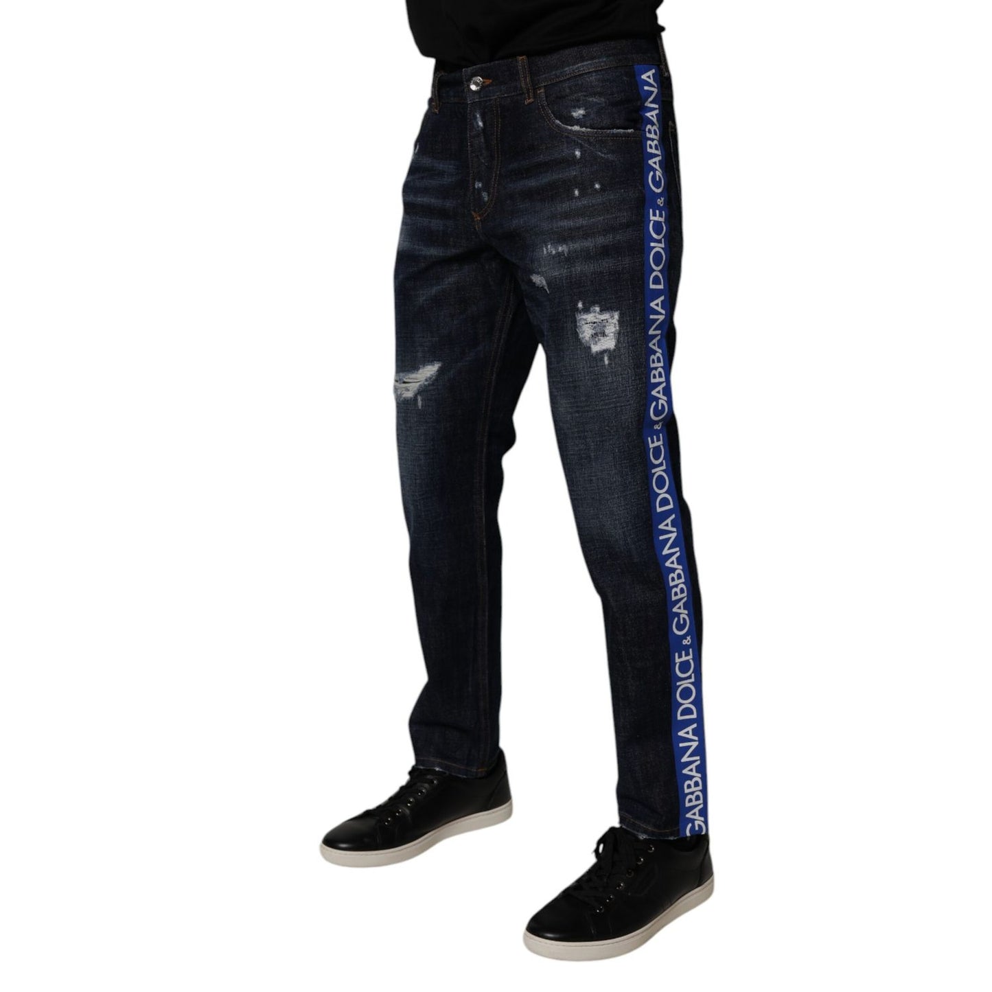 Dolce & Gabbana Dark Blue Cotton Tattered Skinny Denim Jeans