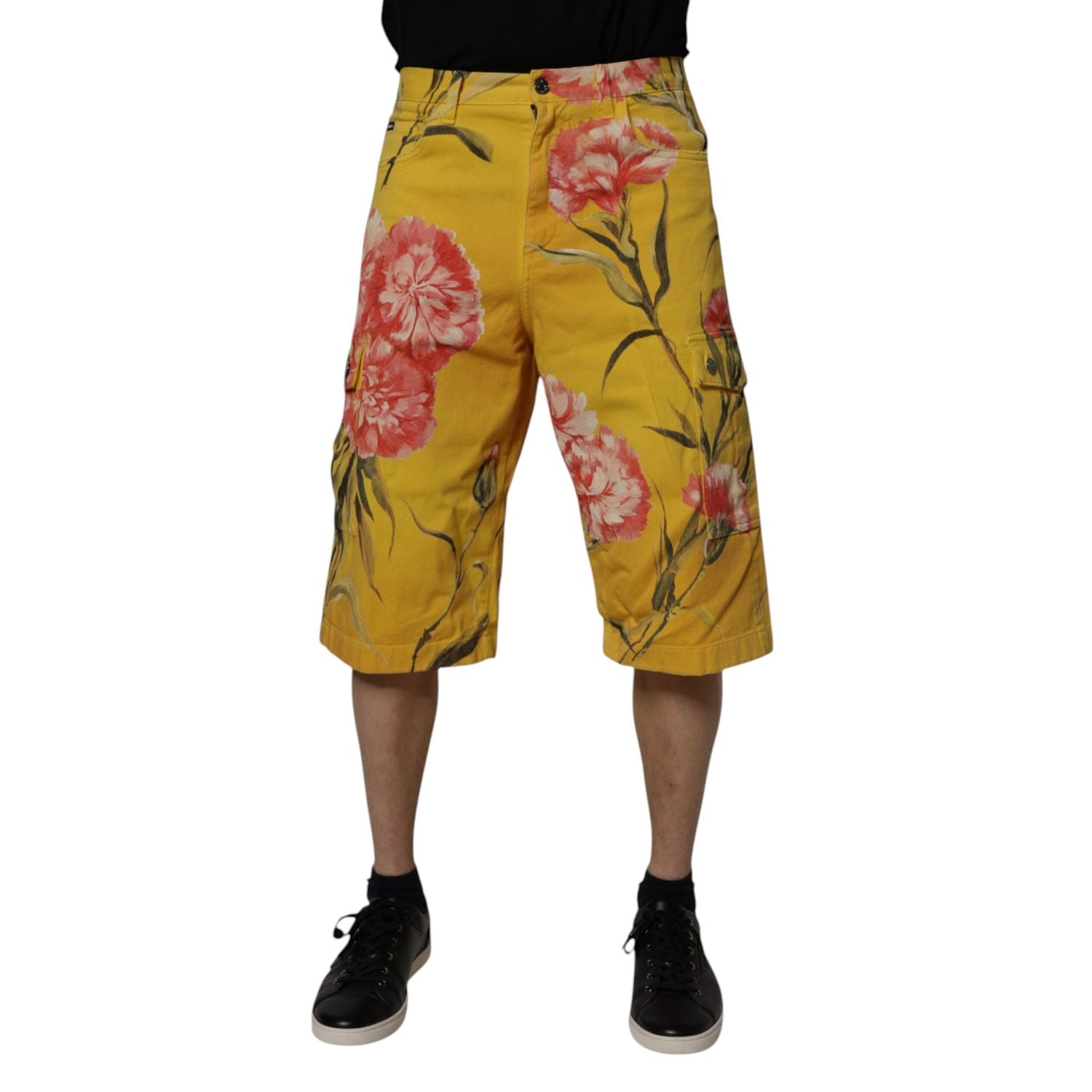 Dolce & Gabbana Yellow Floral Cargo Denim Men Bermuda Shorts