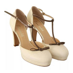 SERGIO LEVANTESI Beige T-Strap Block Heels Pumps Leather Shoes