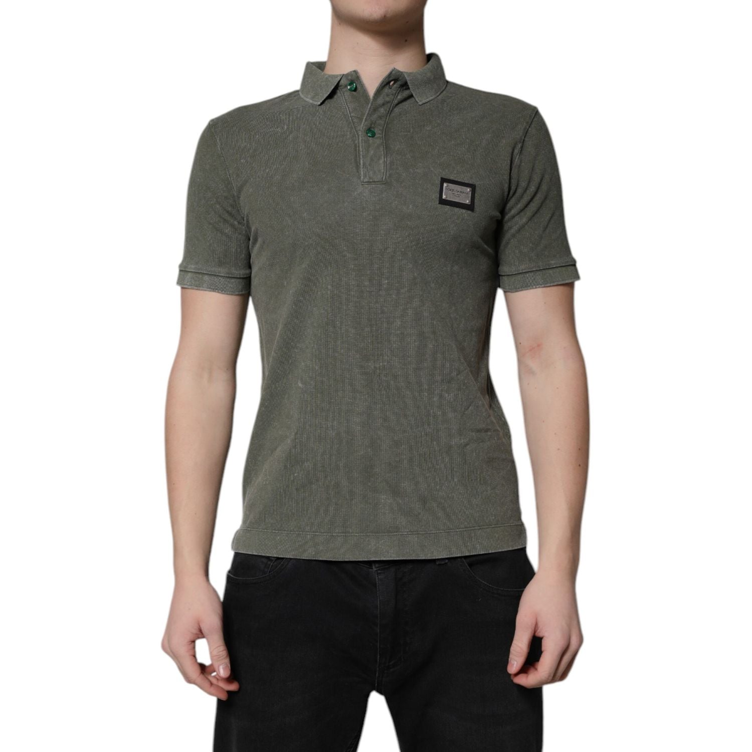 Dolce & Gabbana Army Green Logo Plaque Cotton Polo Shirt T-shirt
