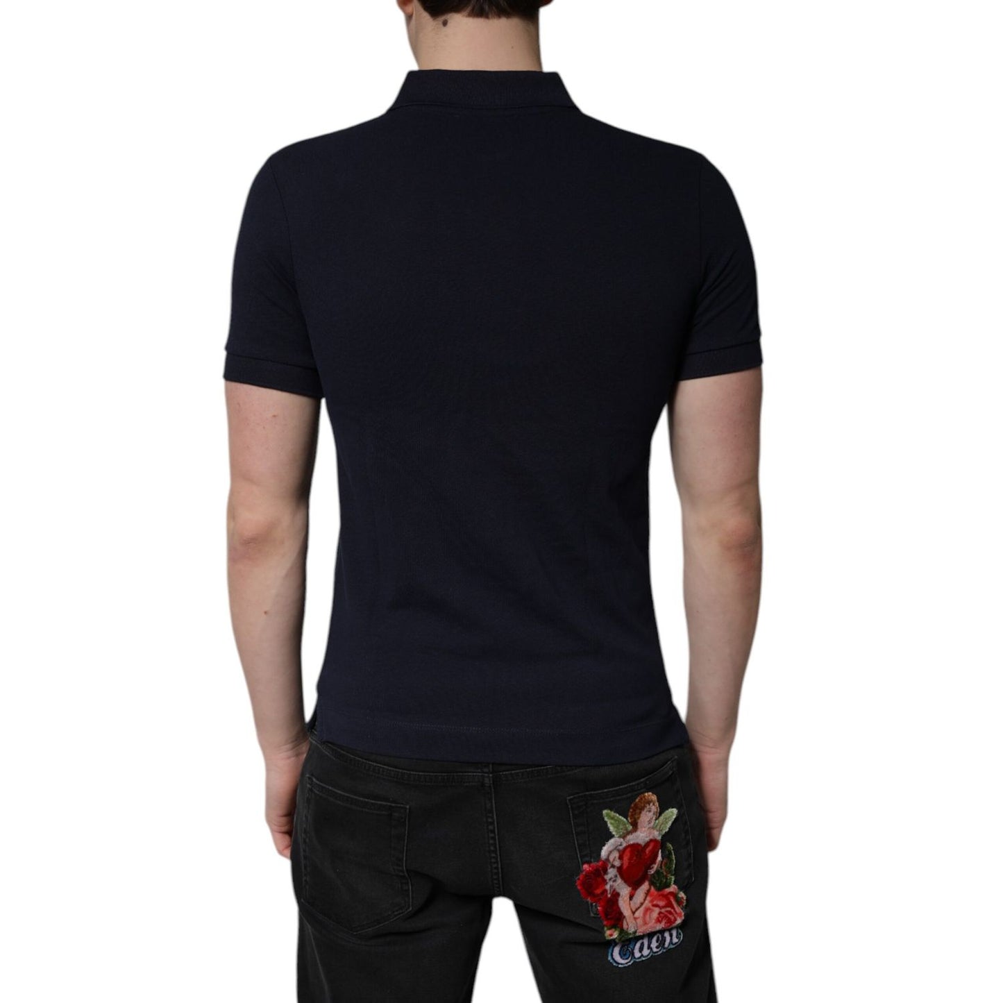 Dolce & Gabbana Dark Blue Cotton Crown Collared Polo T-shirt
