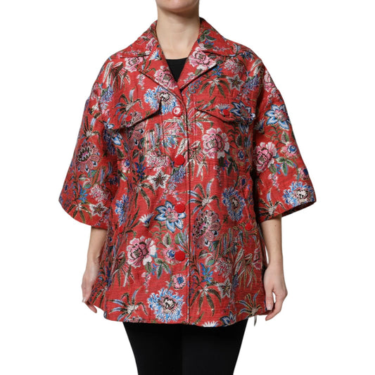 Dolce & Gabbana red floral jacquard coat jacket with button down closure, featuring 3/4 sleeves and logo details. Made in Italy.
