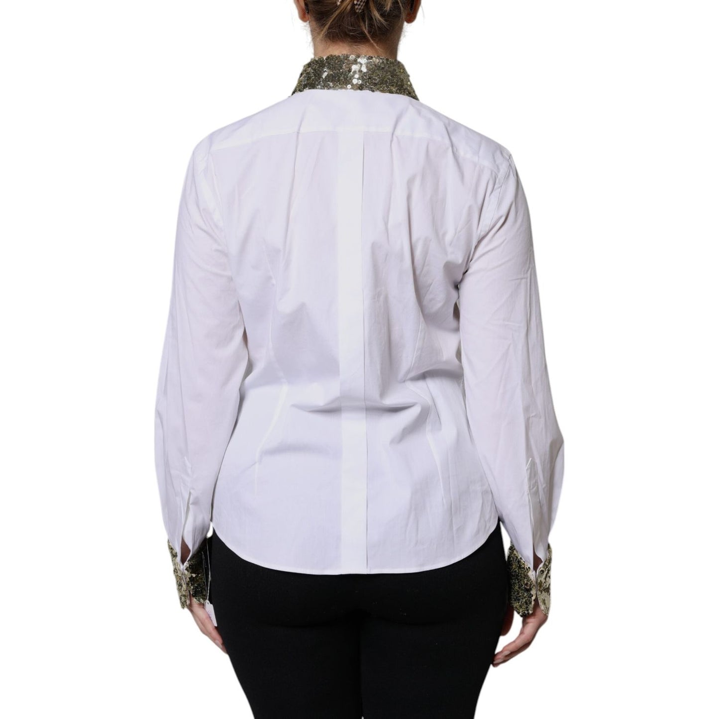Dolce & Gabbana White Cotton Long Sleeves Sequin Shirt Top