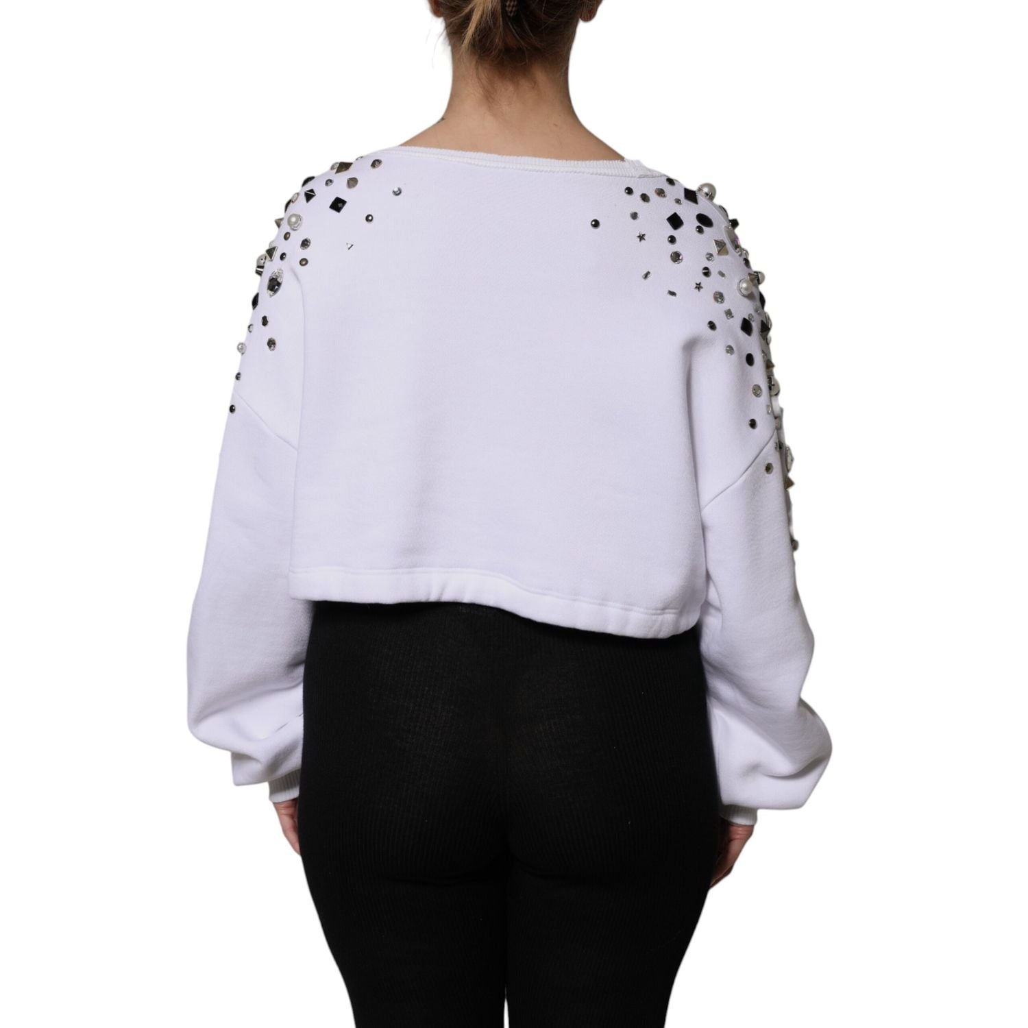 Dolce & Gabbana White Embellished Long Sleeve Cropped Sweater