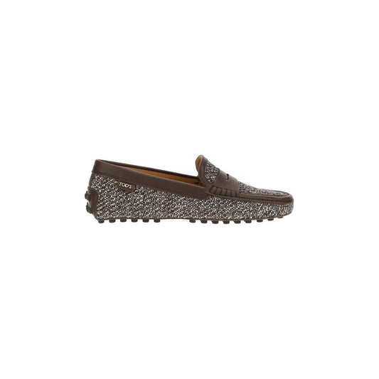Tod's Tweed Gommino Loafers with leather trim and non-slip sole, featuring a comfortable round toe design and logo-embossed insole.