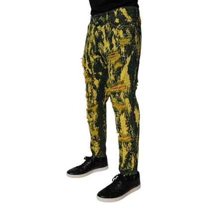Dolce & Gabbana Black Yellow Tie Dye Tattered Skinny Men Denim Jeans