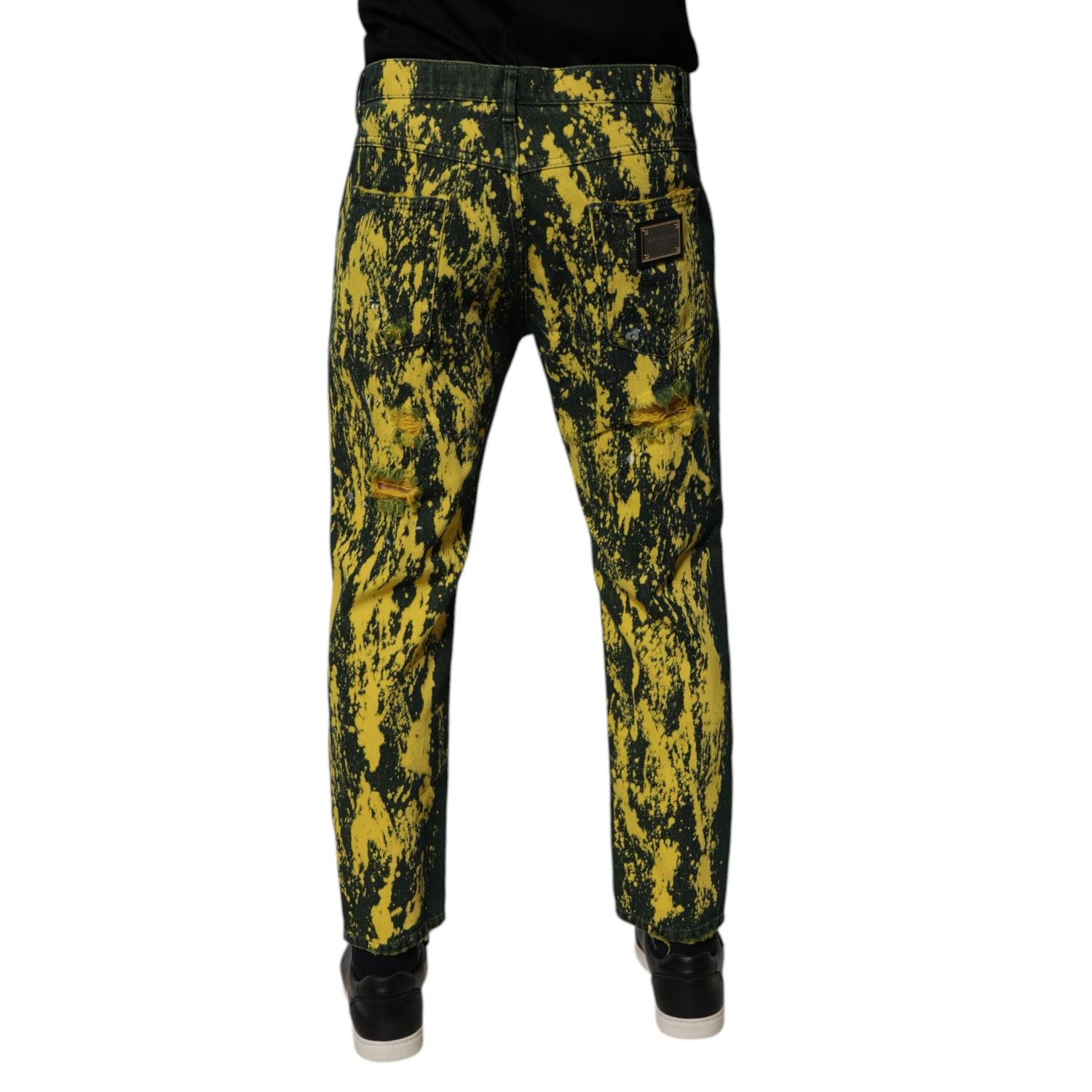 Dolce & Gabbana Black Yellow Tie Dye Tattered Skinny Men Denim Jeans