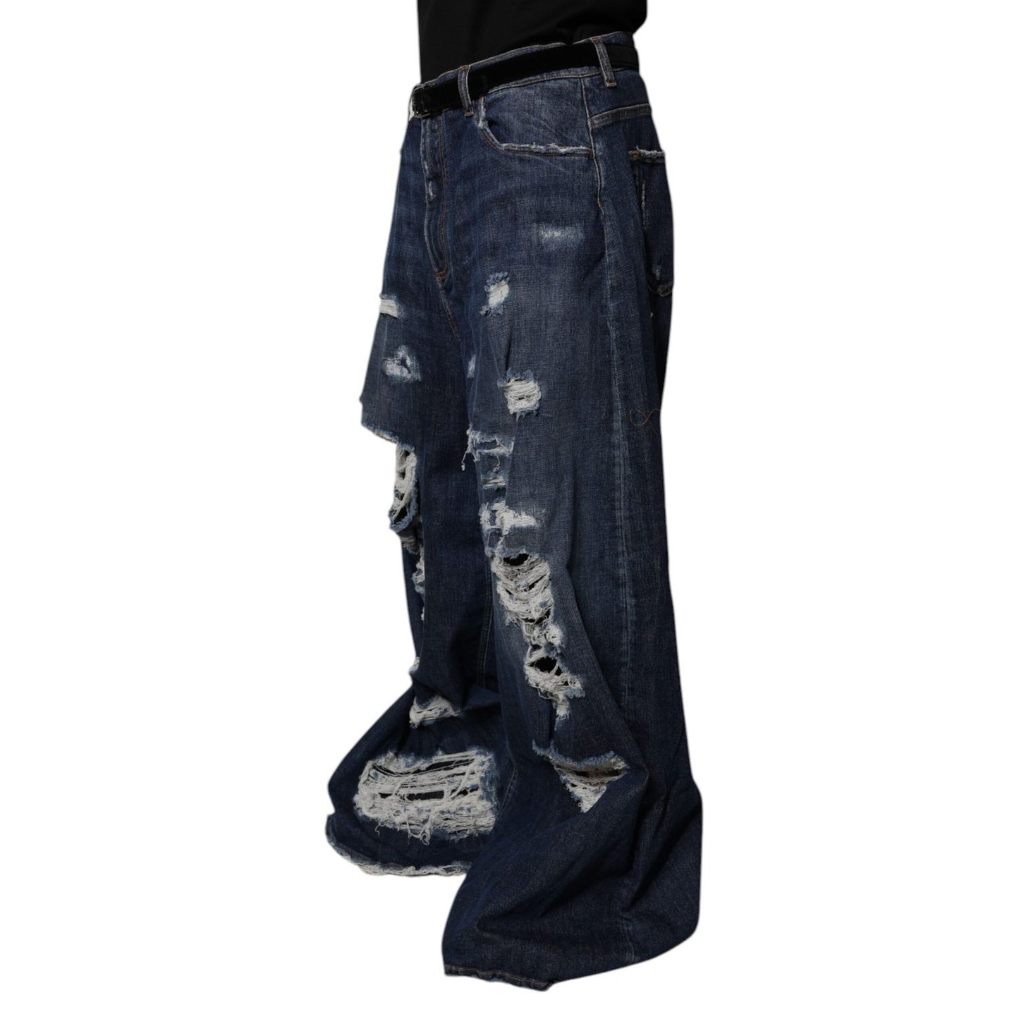 Dolce & Gabbana Dark Blue Tattered Wide Leg Men Denim Jeans