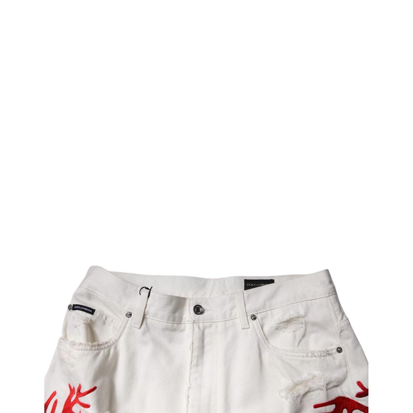 Dolce & Gabbana White Corals Tattered Straight Denim Jeans