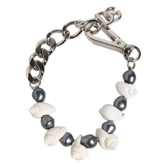 Dolce & Gabbana Silver Tone Brass Beaded Shell DG Logo Pendant Bracelet SMY10688