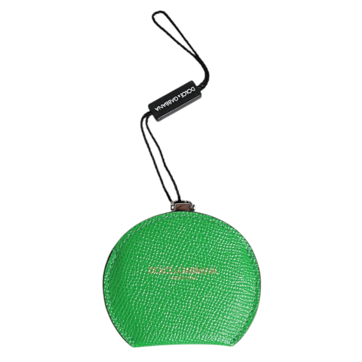 Dolce & Gabbana Green Calfskin Leather Round Logo Hand Mirror Holder