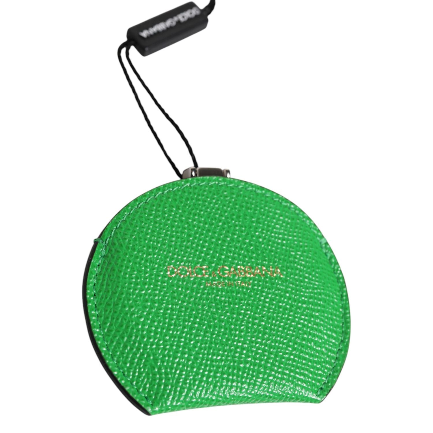 Dolce & Gabbana Green Calfskin Leather Round Logo Hand Mirror Holder